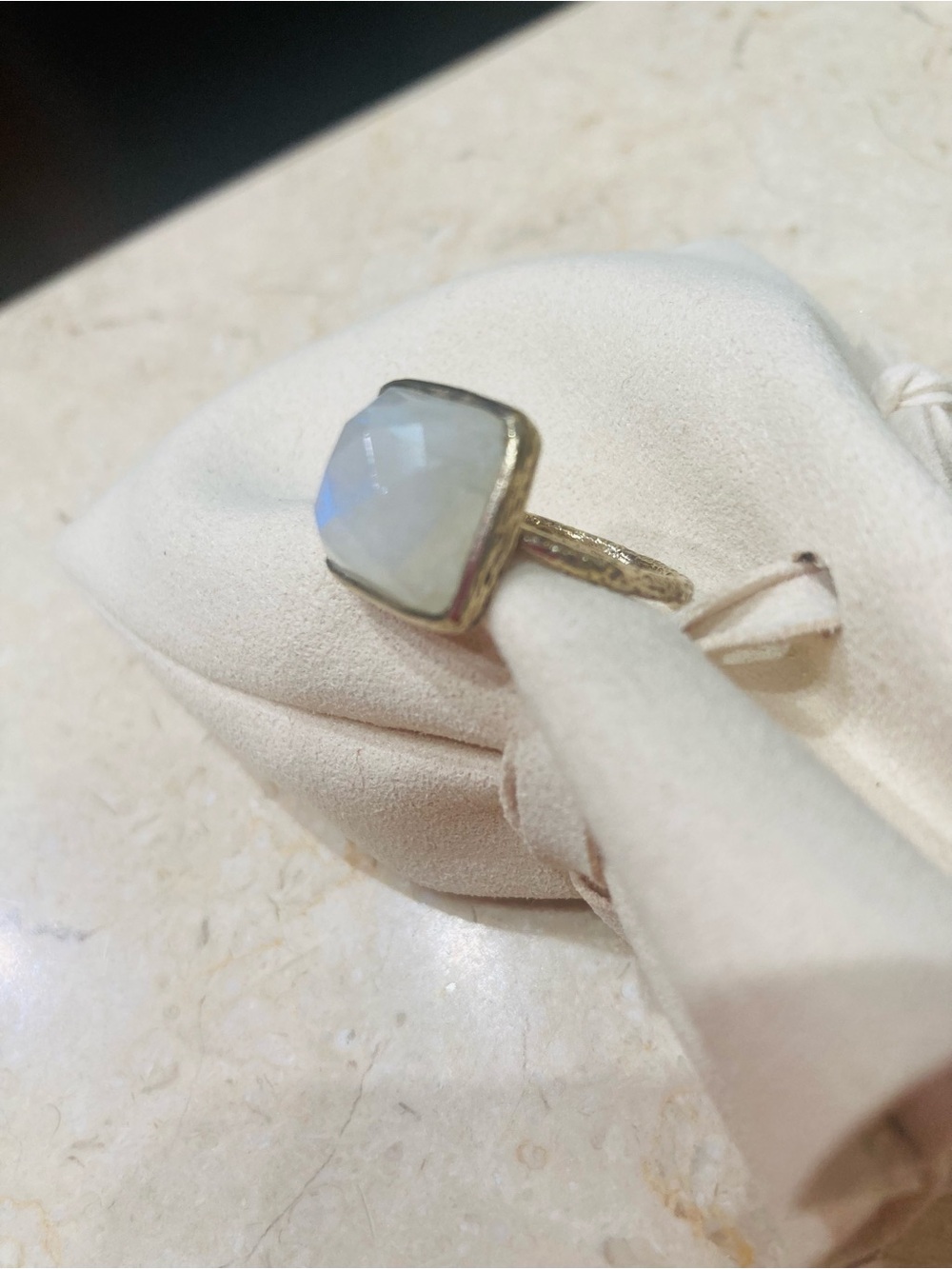 Square Cut Moonstone Ring, 925 Sterling in Hammered Metal Band, Sz 7